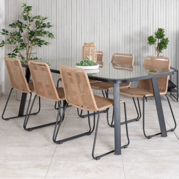 Paola utematgrupp med 6 st Lindos stolar - Beige/Svart/Natur