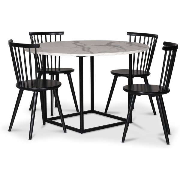 Sintorp matgrupp, runt matbord 115 cm inkl 4 st svarta pinnstolar Castor - Vit marmor (Laminat)