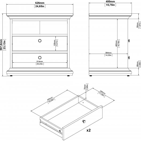 Paris nachtkastje met 2 lades en 1 open vak - Grijs