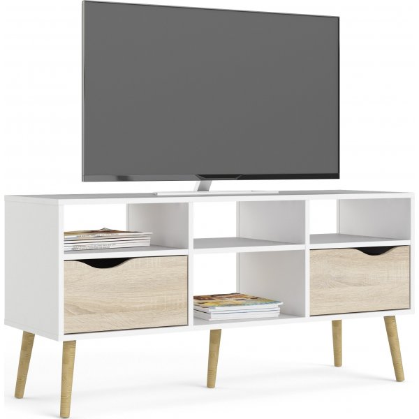 Banc multimdia Oslo avec 2 tiroirs et 4 compartiments ouverts - Blanc/chne