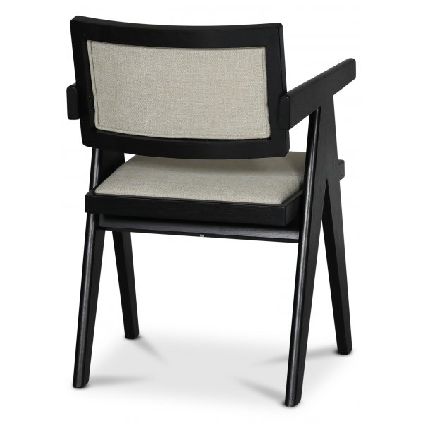 Sara fauteuil in zwartgebeitst eikenhout en linnen bekleding + Textielreiniging voor meubels Sara fauteuil in zwartgebeitst eikenhout en linnen bekleding + Textielreiniging voor meubels