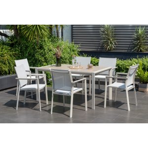 Groupe de repas Urbanite avec table  manger 160 cm et 6 chaises de salle  manger empilables - Beige