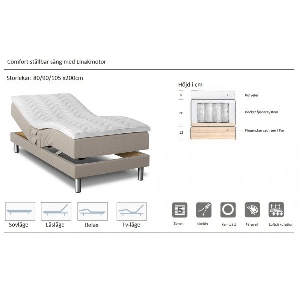 Comfort grå ställbar säng - Valfri bredd + Textilrengöring för möbler Comfort grå ställbar säng - Valfri bredd + Textilrengöring för möbler