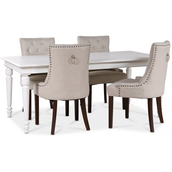 Paris matgrupp vitt bord med 4 st Tuva New Port stolar i beige tyg med rygghandtag