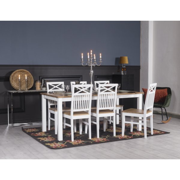 Chaise de salle à manger Dalarös avec sortie et croix au dos - Blanc / Chêne huilé + Pieds de meubles Chaise de salle à manger Dalarös avec sortie et croix au dos - Blanc / Chêne huilé + Pieds de meubles