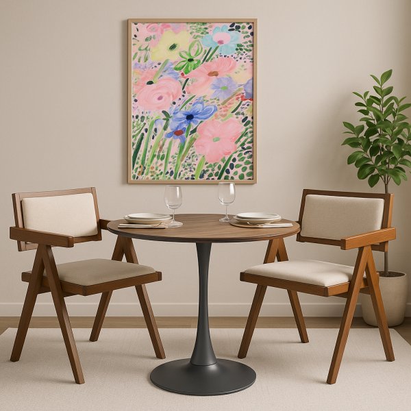 Olmo matbord 90 cm i valnt/svart med 2st Sara karmstol i valnt och linne