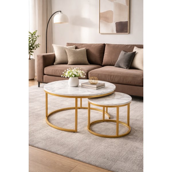 Satsbord �38/60 cm - Vit marmoreffekt / guld