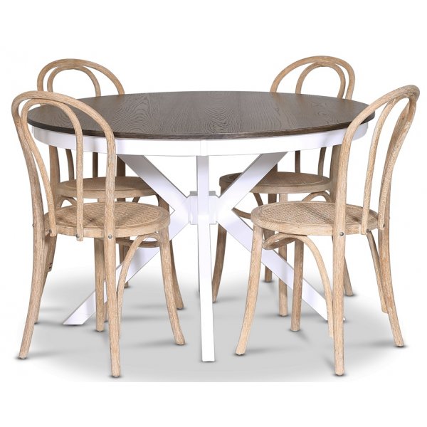 Skagen matgrupp; runt matbord 120 cm - Vit / brunbetsad ek med 4 st Danderyd No.18 stolar Whitewash