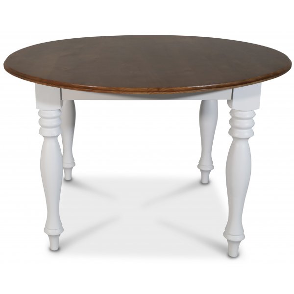 Victoria runt vitt matbord Ø120 cm med brunbetsad toppskiva Victoria runt vitt matbord Ø120 cm med brunbetsad toppskiva