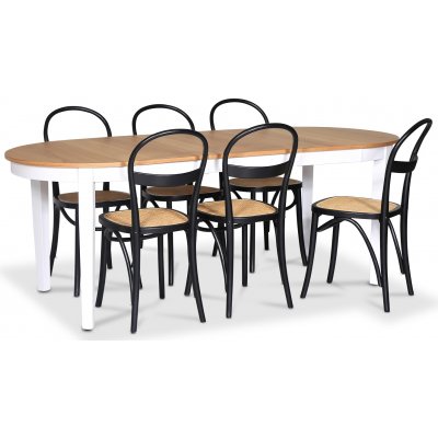 Fårö matgrupp; Ovalt matbord 160-210 cm - Vit / Oljad Ek med 6 st Danderyd No.16 matstolar Svart