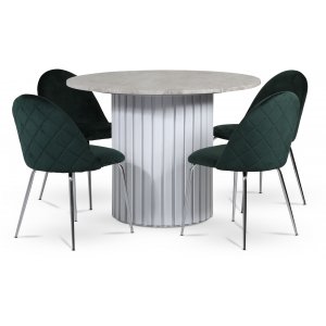 Empire matgrupp Ø105 cm inkl. 4 st Plaza velvet gröna stolar - Silver Diana marmor / Vit lamell träfot