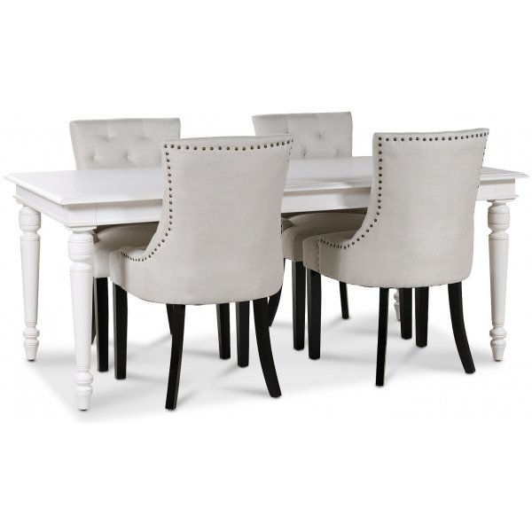 Paris matgrupp vitt bord med 4 st Tuva Eastport stolar i beige tyg