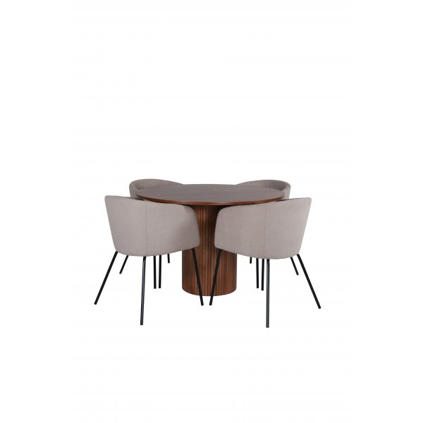 Bianca Matgrupp runt valnt matbord med 4 st Berit beige polyesterlinne stolar