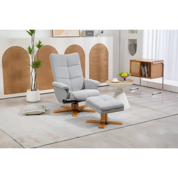 Fauteuil réglable Duva avec repose-pieds et rangement - Tissu gris et pieds en bois Fauteuil réglable Duva avec repose-pieds et rangement - Tissu gris et pieds en bois