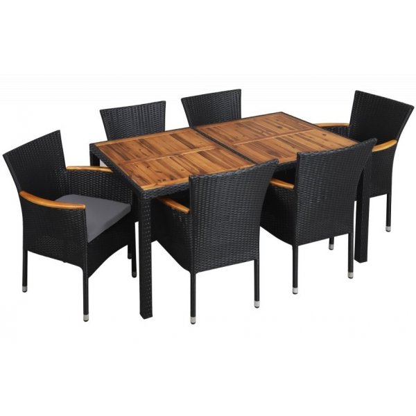 Utegrupp; 6 st karmstolar med dynor och matbord Utegrupp; 6 st karmstolar med dynor och matbord