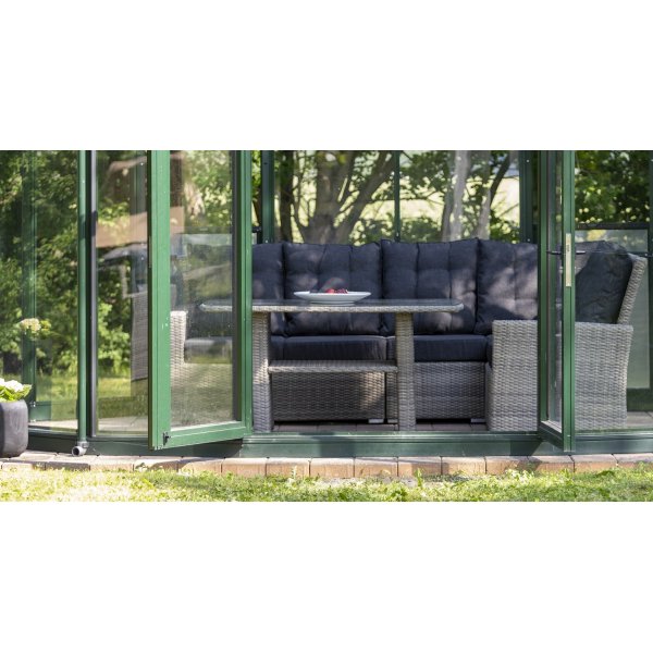 Orlando hörnsoffa med hög rygg (ställbar) + bord - Grå konstrotting Orlando hörnsoffa med hög rygg (ställbar) + bord - Grå konstrotting