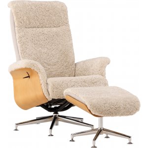 Wollen fauteuil met schapenvacht voetenbankje - Beige / Eiken / Chroom