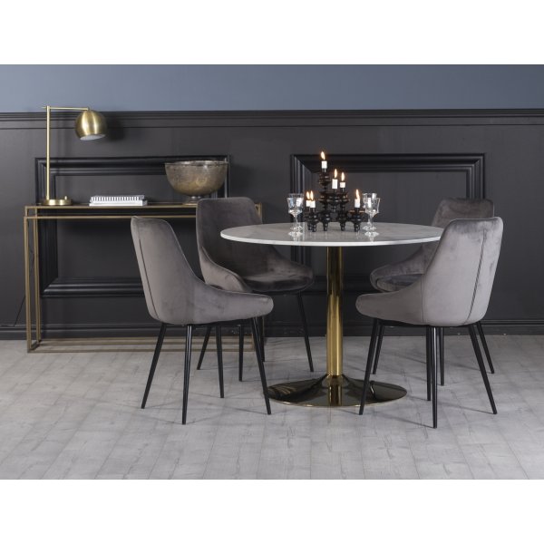 Plaza matgrupp, marmorbord med 4 st Theo sammetsstolar - Gr/Vit/Mssing