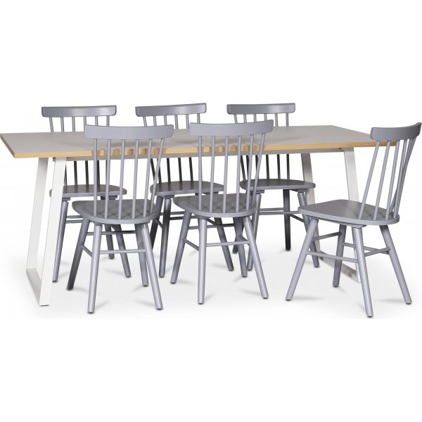 Edge matgrupp; Matbord i vit HPL 190x90 cm med 6 st gra Orust pinnstolar