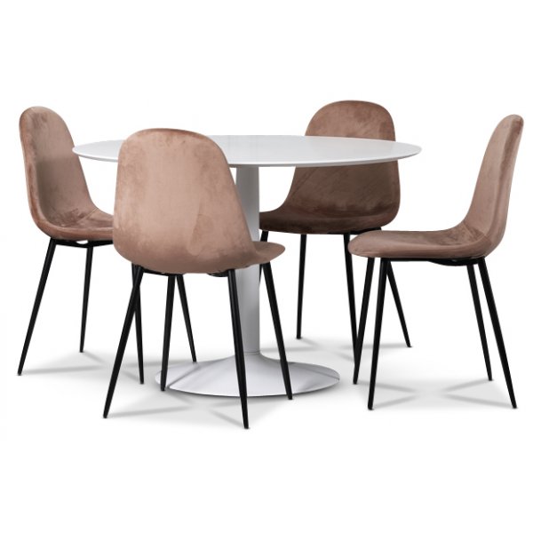 Seat matgrupp, runt matbord med 4 st Carisma sammetsstolar - Vit/Korall