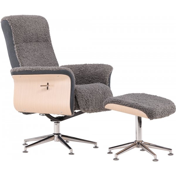 Reclinerfåtölj med fotpall - Grå fårskinnsimitation/whitewash ek + Fläckborttagare för möbler Reclinerfåtölj med fotpall - Grå fårskinnsimitation/whitewash ek + Fläckborttagare för möbler