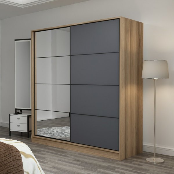 Armoire Kapusta avec porte miroir, 220x52x210 cm - Marron/anthracite