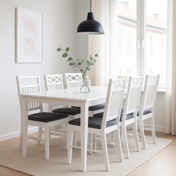 Sandhamn matgrupp; 180x95 cm bord med 6 st Sandhamn Gripsholm matstolar + 4.00 x Mbeltassar