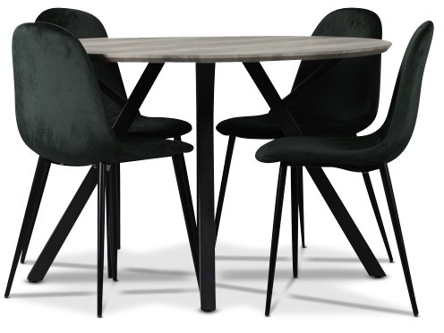 Smokey matgrupp, runt matbord med 4 st Carisma sammetsstolar - Mrkgrn + 3.00 x Mbeltassar