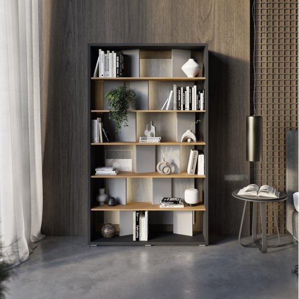 Bibliothque rtroclaire Dika - Graphite/chne/gris brillant
