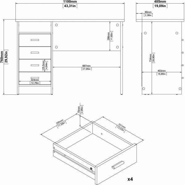 Bureau Function Plus 110 x 48,5 x 76 cm - Bote noire