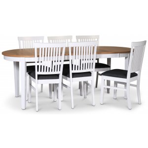 Fårö matgrupp matbord 160/210x90 cm - Vit / oljad ek med 6 st Fårö stolar med sits i grått tyg