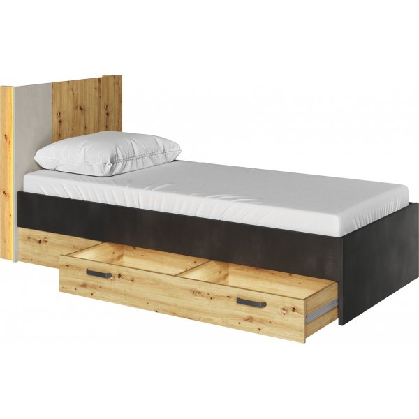 Qubic bedframe 90 x 200 cm - Ambachtelijk eiken/grijs/zwart Qubic bedframe 90 x 200 cm - Ambachtelijk eiken/grijs/zwart