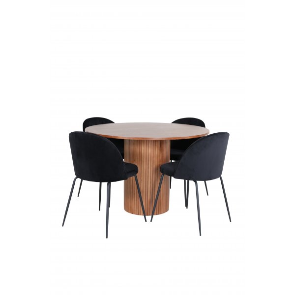 Bianca Matgrupp runt valnt matbord med 4 st Wrinkles svart stolar