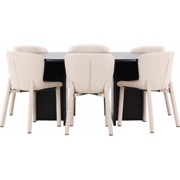 Matbord Strada med 6 st Astoria stolar - Beige/svart + 6.00 x Stolsdyna