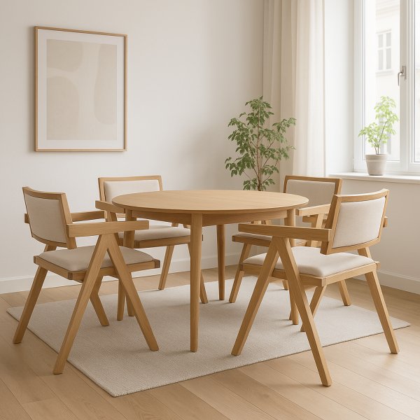 Matgrupp Genova Ø110–160 cm i oljad ek med 4 st Sara karmstolar i ek och linne Matgrupp Genova Ø110–160 cm i oljad ek med 4 st Sara karmstolar i ek och linne