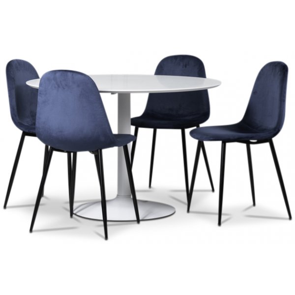 Seat matgrupp, runt matbord med 4 st Carisma sammetsstolar - Vit/Bl