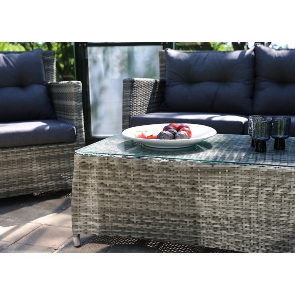 Ballingsl�v Lyx utegrupp: soffa, f�t�ljer och bord - Ljusgr� konstrotting