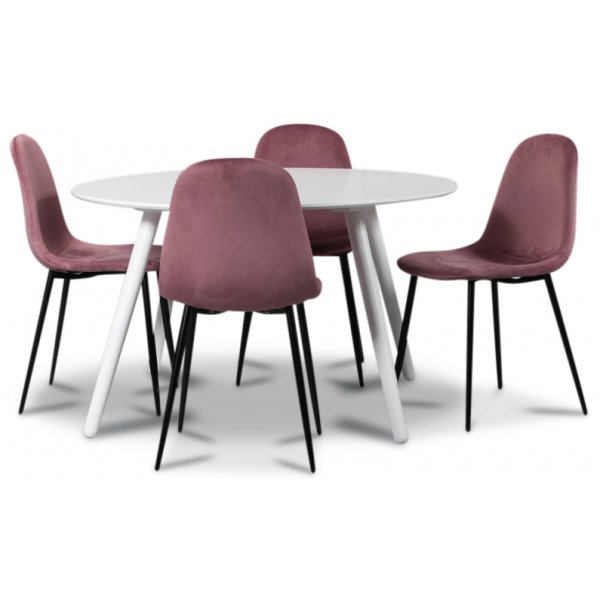 Rosvik matgrupp, matbord med 4 st Carisma sammetsstolar - Vit/Rosa + 4.00 x Stolsdyna