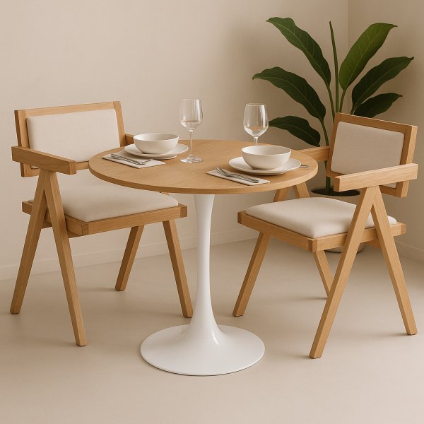 Matgrupp Sumner Ø80 cm ek/vit med 2 st Sara karmstolar i ek och linne Matgrupp Sumner Ø80 cm ek/vit med 2 st Sara karmstolar i ek och linne