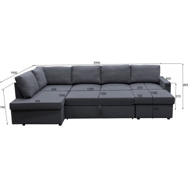 Bddsoffa U-modell mrkgr - Trn + Textilrengring fr mbler