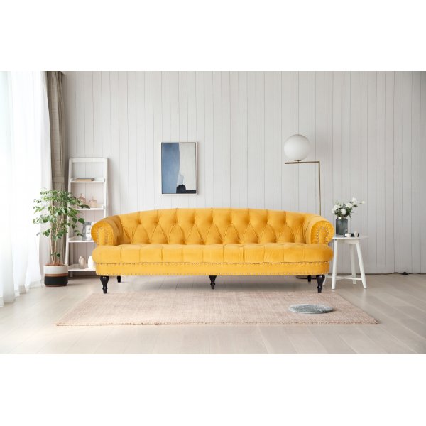 Soffa 3-sits gul sammet - chesterfield