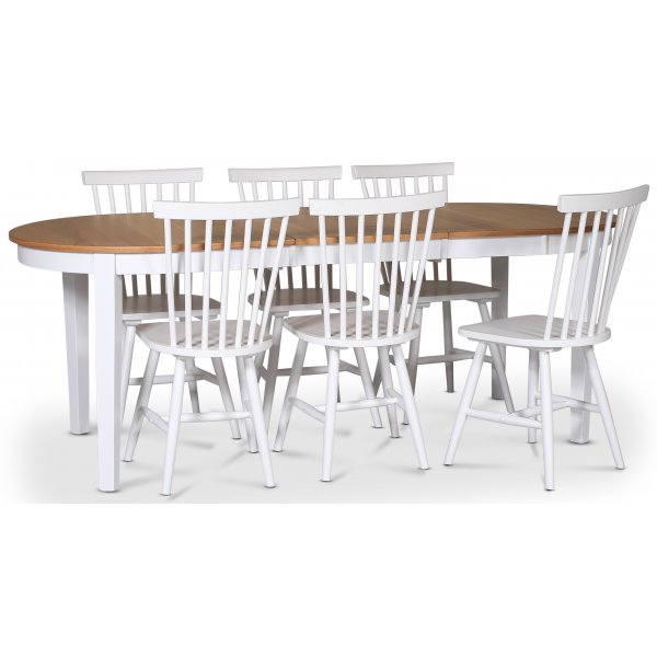 Fr-voedingsgroep; eettafel 160/210x90 cm - Wit/geolied eiken met 6 witte Karl cane stoelen