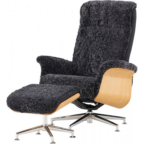 Ulla f�t�lj med fotpall i ek - M�rkgr� f�rskinn + Textilreng�ring f�r m�bler