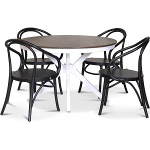 Skagen matgrupp; runt matbord 120 cm - Vit / brunbetsad ek med 4 st Danderyd No.30 stolar Svarta Skagen matgrupp; runt matbord 120 cm - Vit / brunbetsad ek med 4 st Danderyd No.30 stolar Svarta