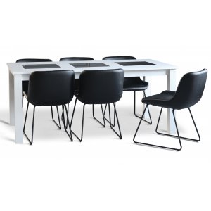 Granieten eetgroep; Tafel 180x90 cm wit met 6 Texas eetkamerstoelen zwart PU