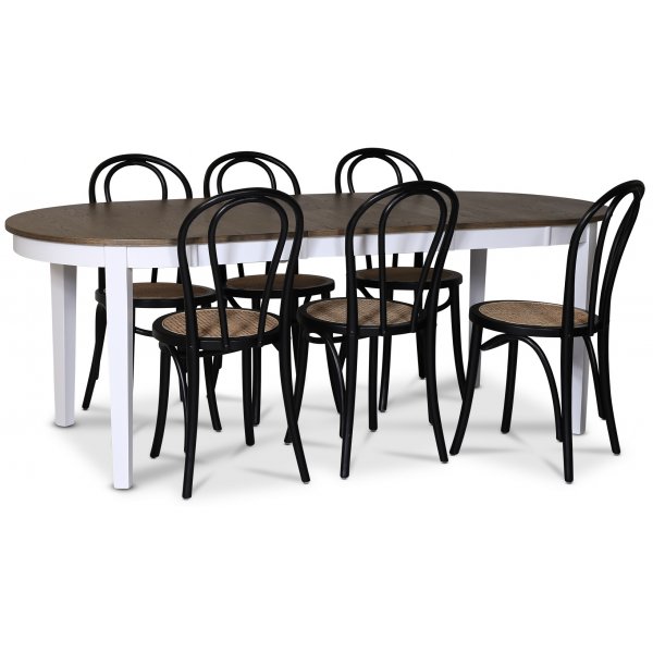 Skagen matgrupp; matbord 160/210x90 cm - Vit / brunoljad ek med 6 st Danderyd No.18 stolar Svarta