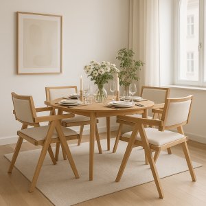 Matgrupp Genova Ø110–160 cm i oljad ek med 4 st Sara karmstolar i ek och linne Matgrupp Genova Ø110–160 cm i oljad ek med 4 st Sara karmstolar i ek och linne