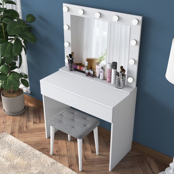Bijou sminkbord med spegel och pall 21 - 90 x 45 cm - Vit Bijou sminkbord med spegel och pall 21 - 90 x 45 cm - Vit