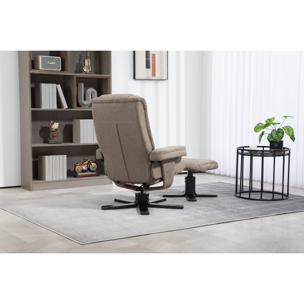 Oslo reclinerfåtölj med pall i mörkbeige tyg Oslo reclinerfåtölj med pall i mörkbeige tyg