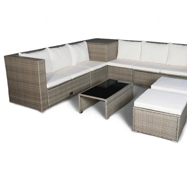 Key West utegrupp; hrnsoffa med bord, fotpallar och frvaring - Brun konstrotting